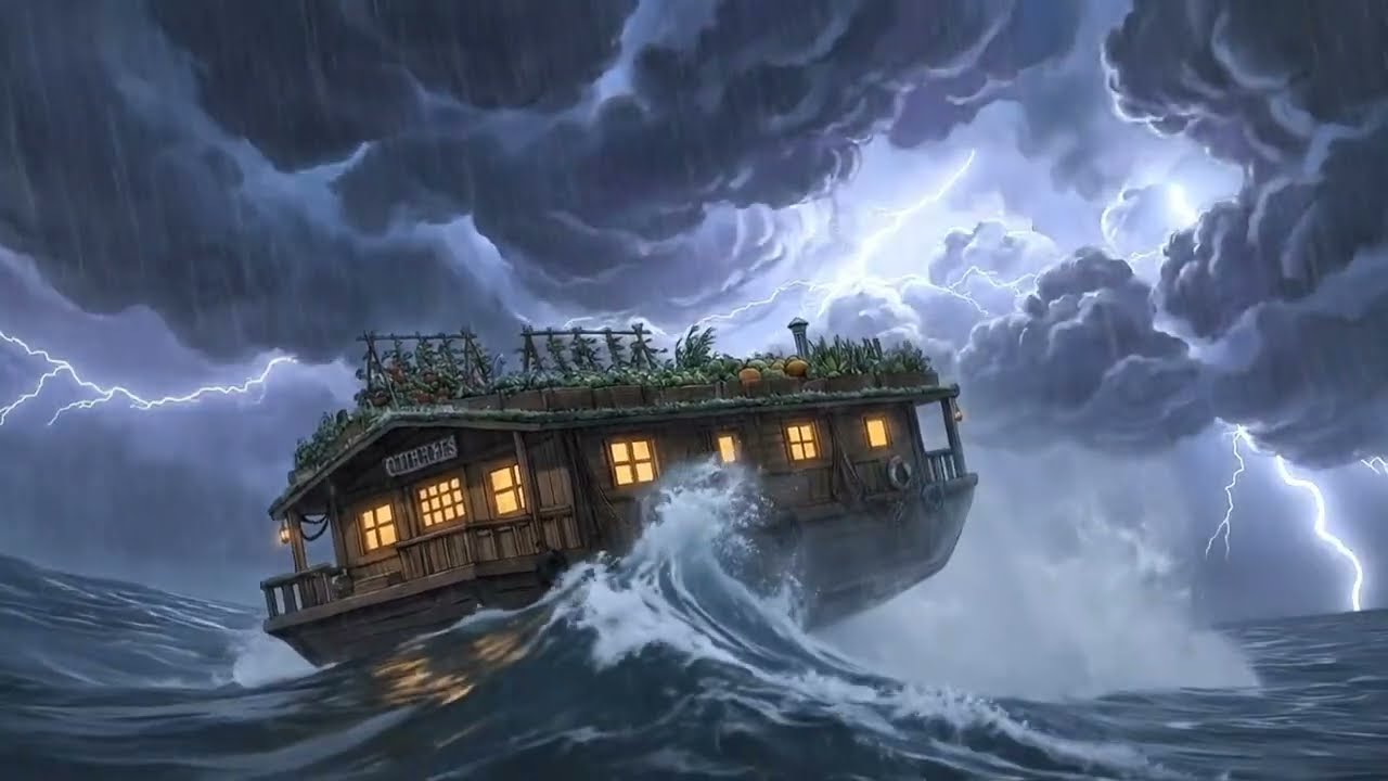 Cozy Rainy Boat Life — Cooking Hot Noodles 🍜🌧️| Ghibli Top |