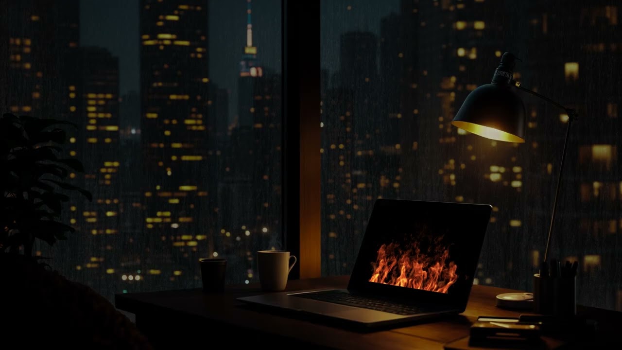 👉 Warm Firelight on a Rainy City Night 🌧️ Cozy Desk Ambience for Focus, Study & Calm