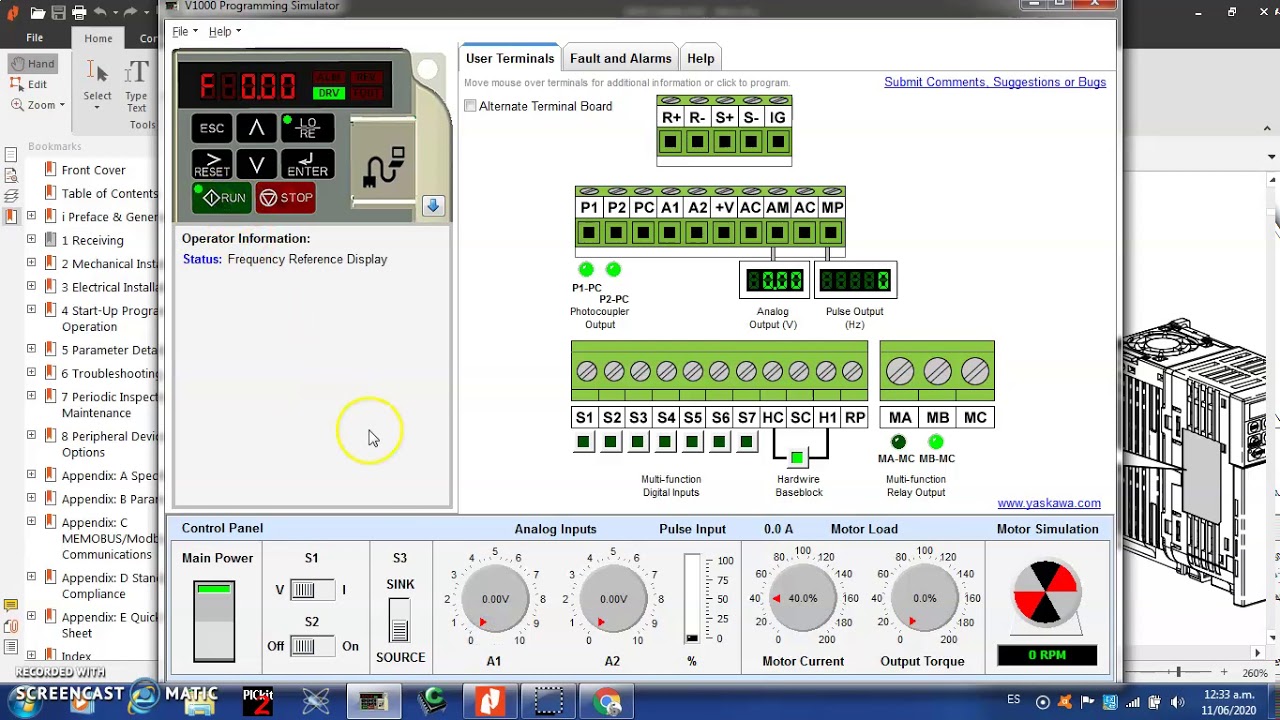 V1 DESCARGA DE SIMULADOR DE VARIADOR DE FRECUENCIA YASKAWA V1000, DE FORMA GRATUITA USO DE RESOSTATO