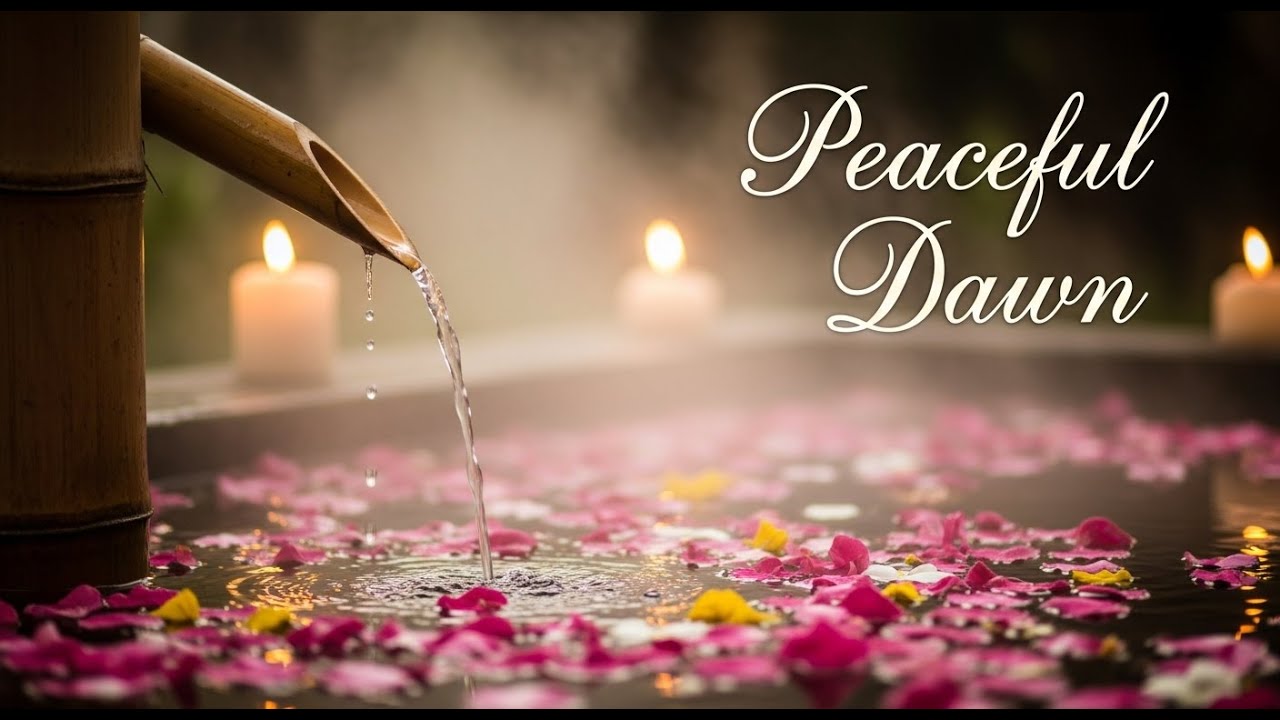 Calming Zen Candle Reflection Bamboo Fountain and Water Glow for Healing Sleep Meditation Balance