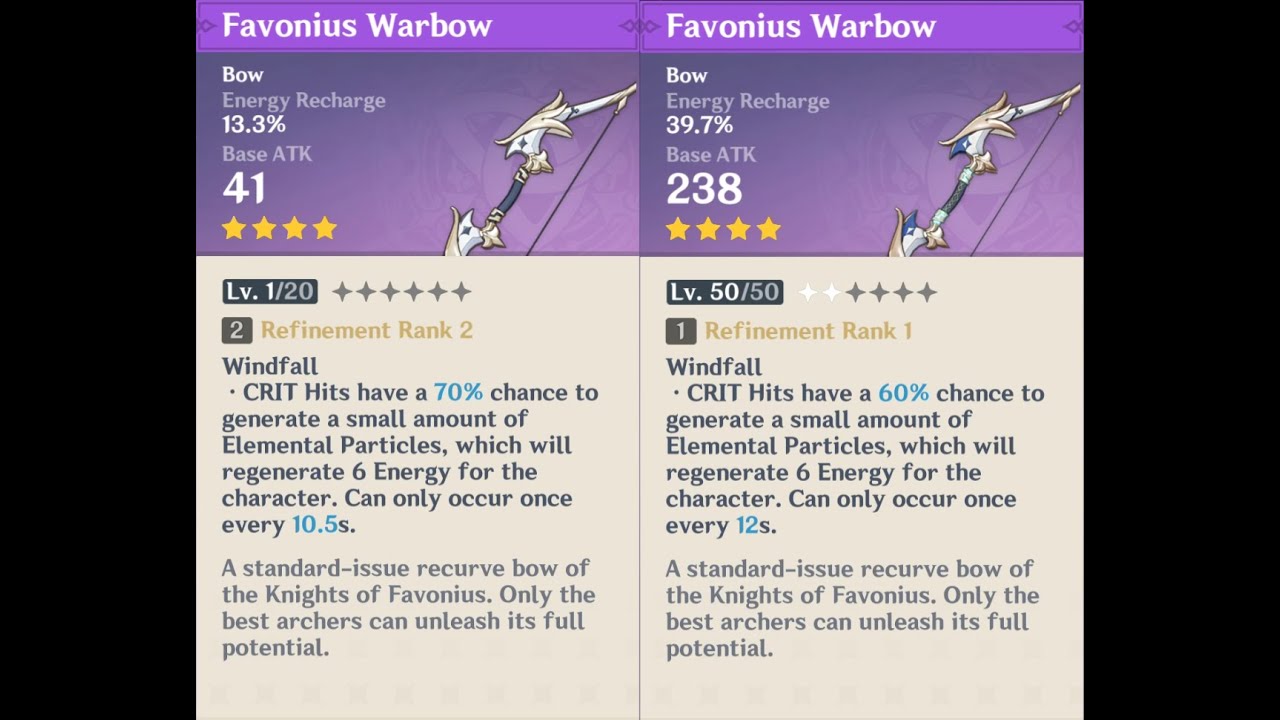 Favonius Warbow weapon appearance base vs. ascended in Genshin Impact