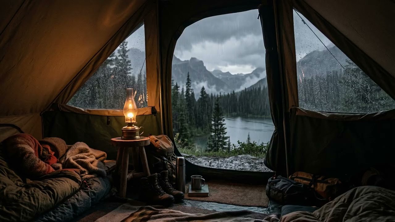 Steady Forest Rain 🌧️ Drumming On A Canvas Camping Tent While Tall Pines 🌲 Whisper In Wind
