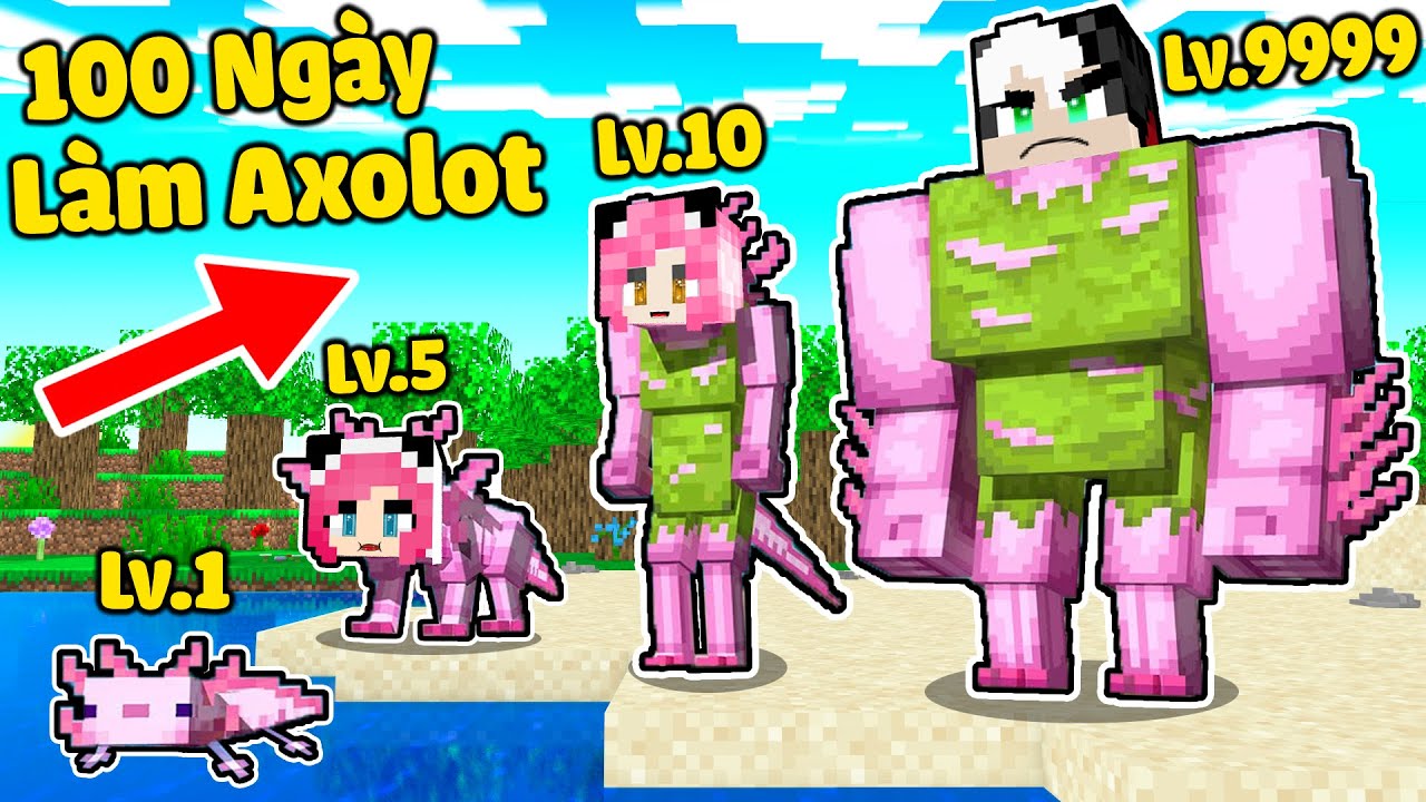 MỀU THỬ THÁCH 100 NGÀY TRỞ THÀNH AXOLOTL SINH TỒN TRONG MINECRAFT*REDHOOD 24 GIỜ LÀM KỲ NHÔNG MCPE