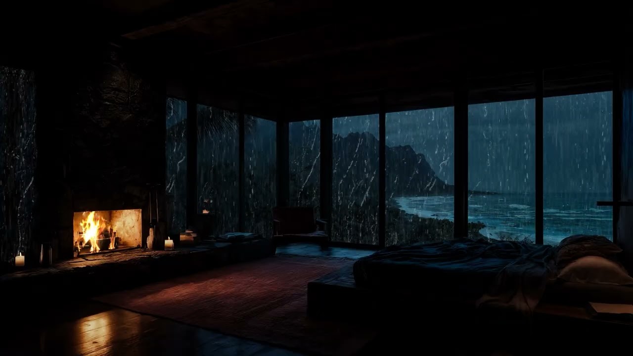 (No Ads)Thunderstorm by the Seaside Window 🌧️ Cozy Crackling Fireplace for Deep Sleep, Relax & Focus