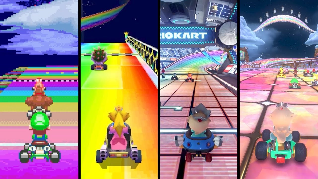 Evolution of Rainbow Road in Mario Kart (1992-2025)