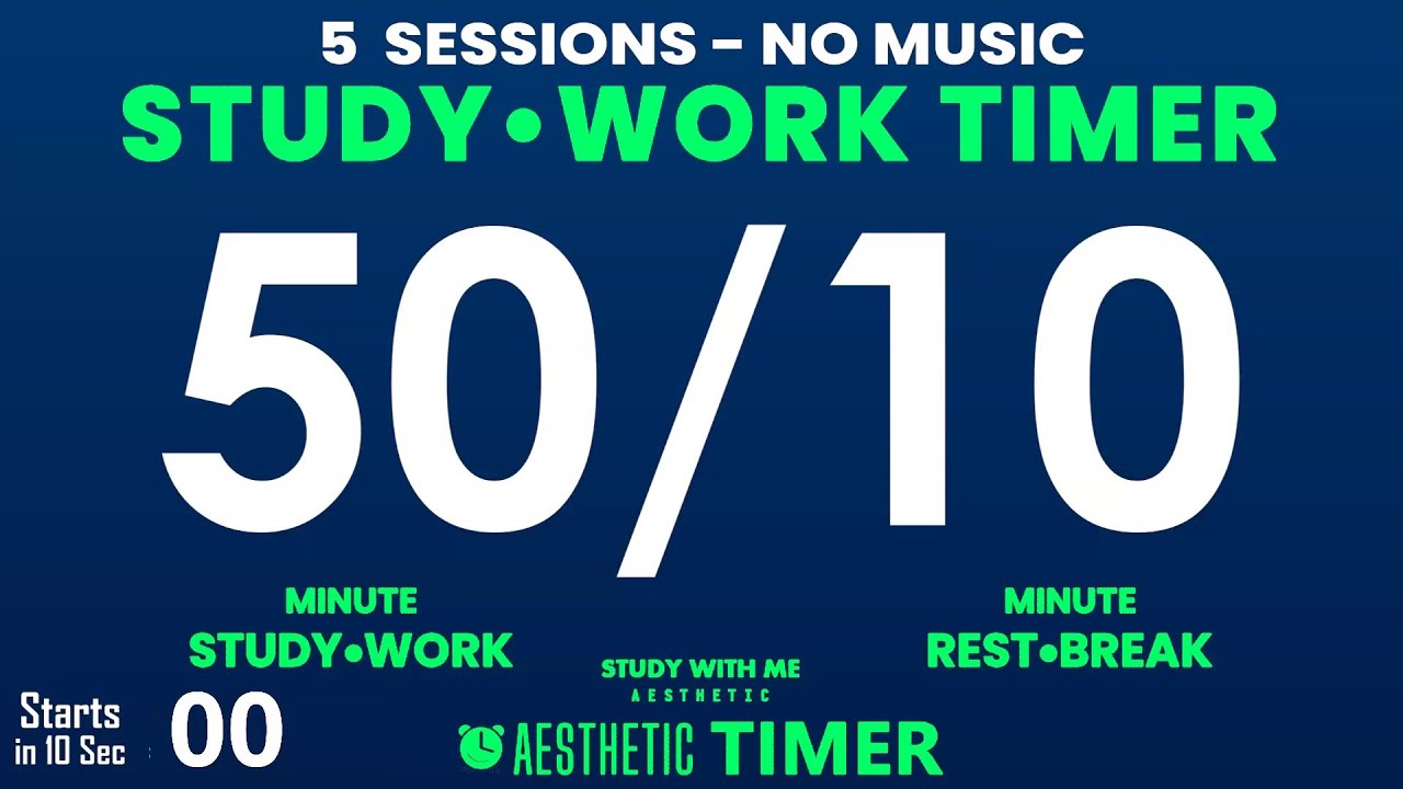 50/10 Pomodoro Timer, Dark Mode | No Music Study Session, 5 Sessions, Focus Study, Gentle Alarm