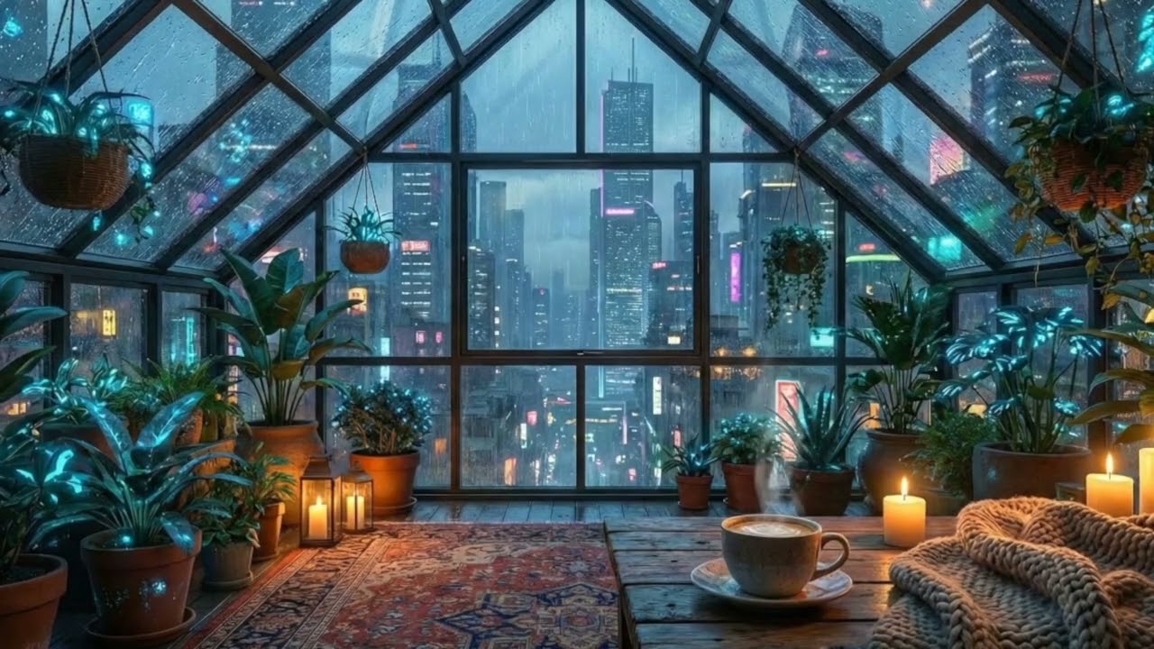 POV: taking shelter from the rain in a cybernetic greenhouse (solarpunk lofi & rain sounds)