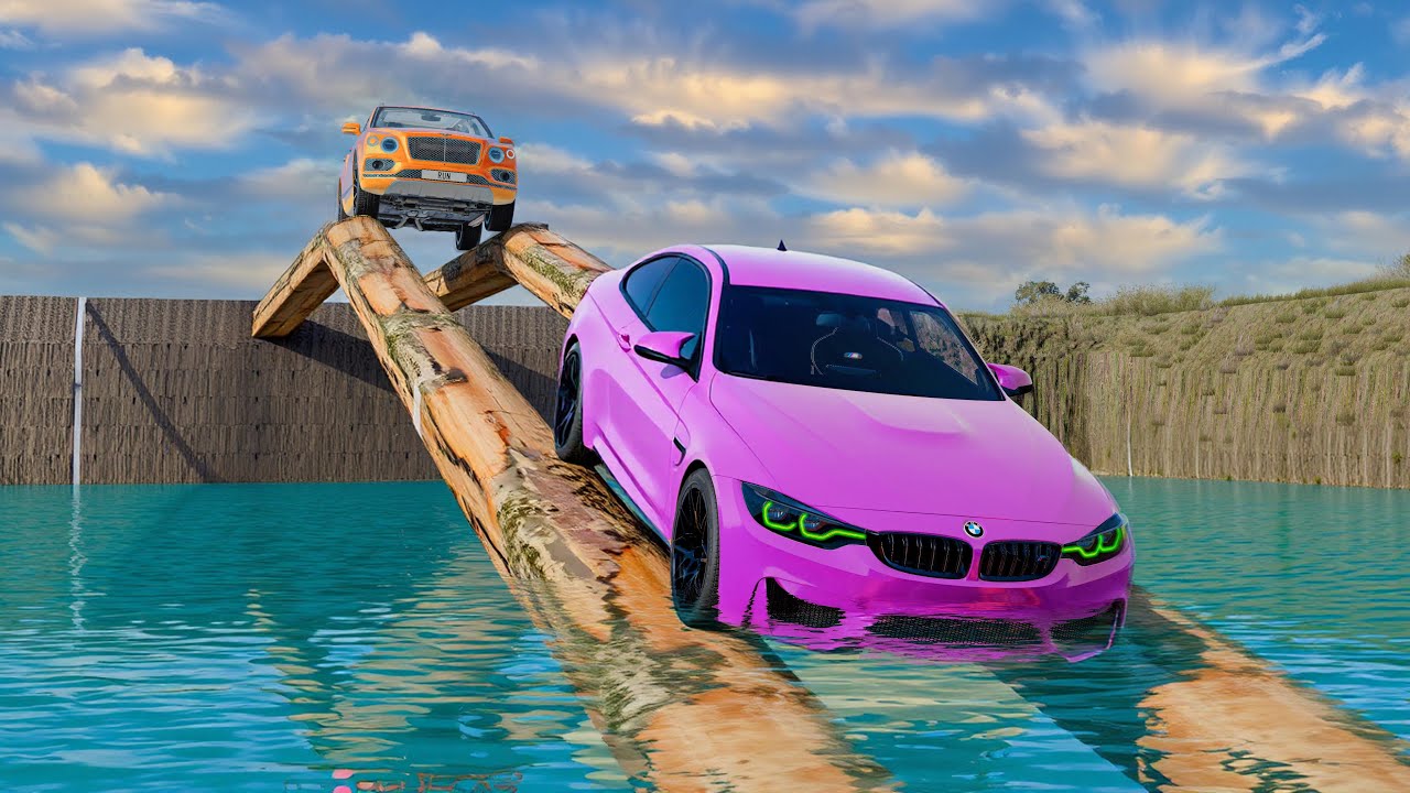 Cars vs Weird Log Bridge Drive Challenge Ends in Total Destruction!