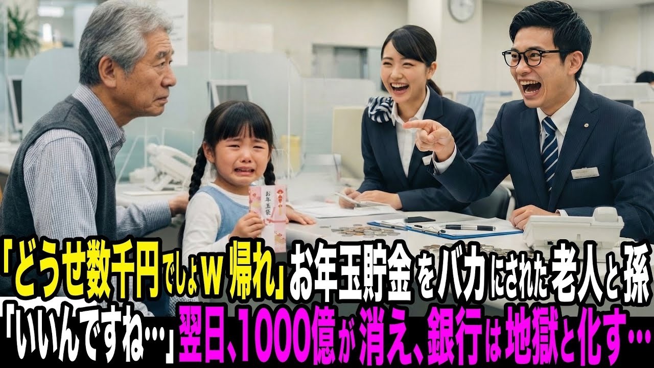 「どうせ数千円でしょw帰れ」銀行でお年玉貯金をバカにされた老人と孫。「いいんですね…」翌日、1000億が消え、銀行が地獄と化す…【スカッと】