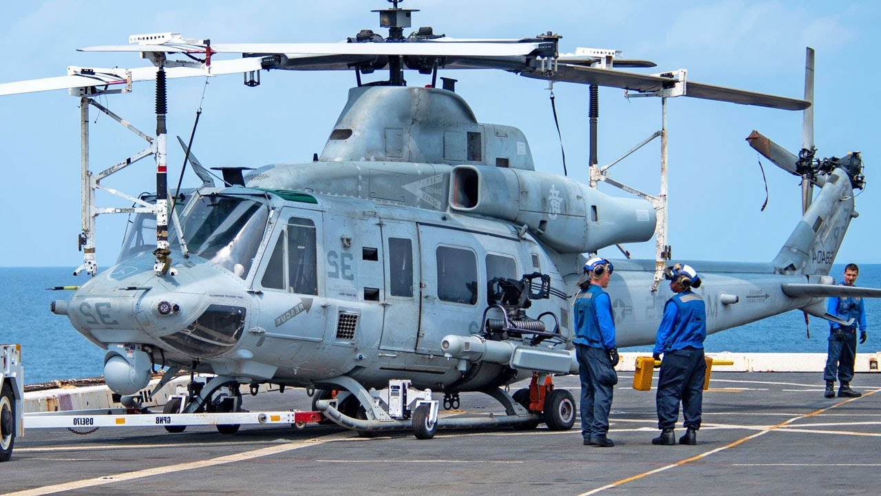 UH-1Y Huey, AH-1Z Viper and SH-60R Helicopters - USS Green Bay Flight Operations US Navy