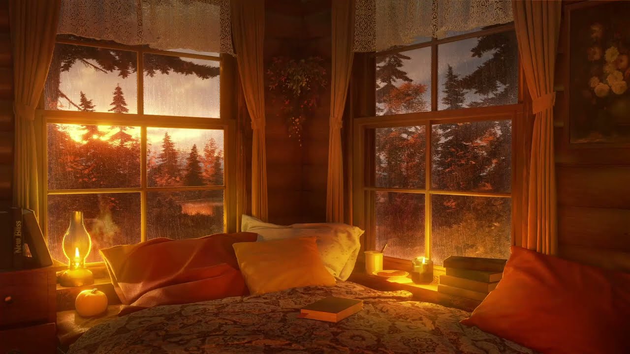 Уютный Осенний Уголок - Звуки Нежного Дождя и Камин на Окне | 3 часа