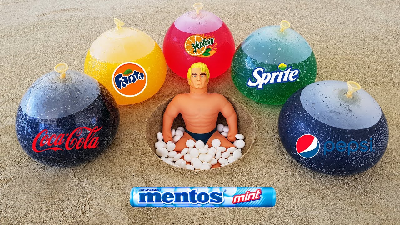 Experiment !! Stretch Armstrong VS Balloons, Coca Cola, Fanta, Pepsi, Sprite and Mentos Underground