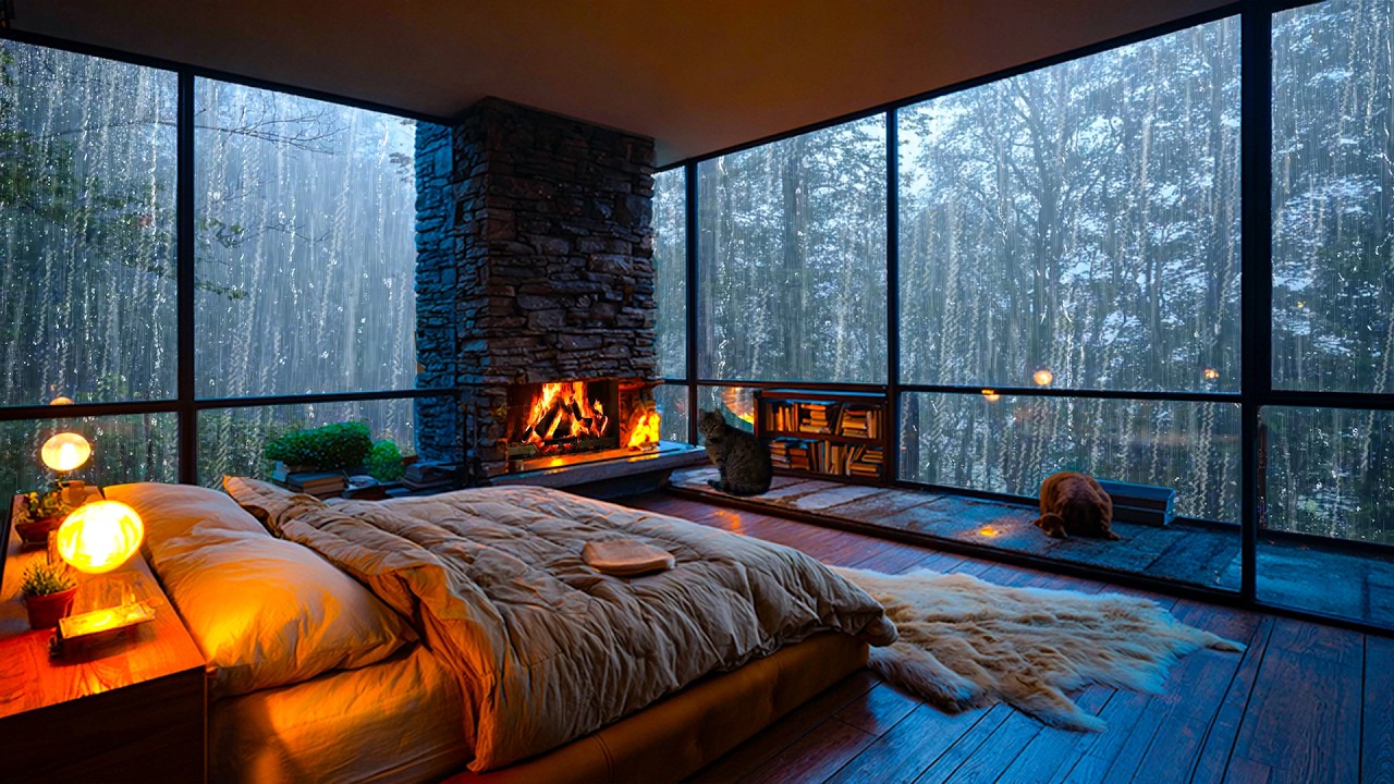 No Ads, Rain Sounds For Sleeping – 10 Hours of Thunderstorm & Warm Fireplace | White Noise