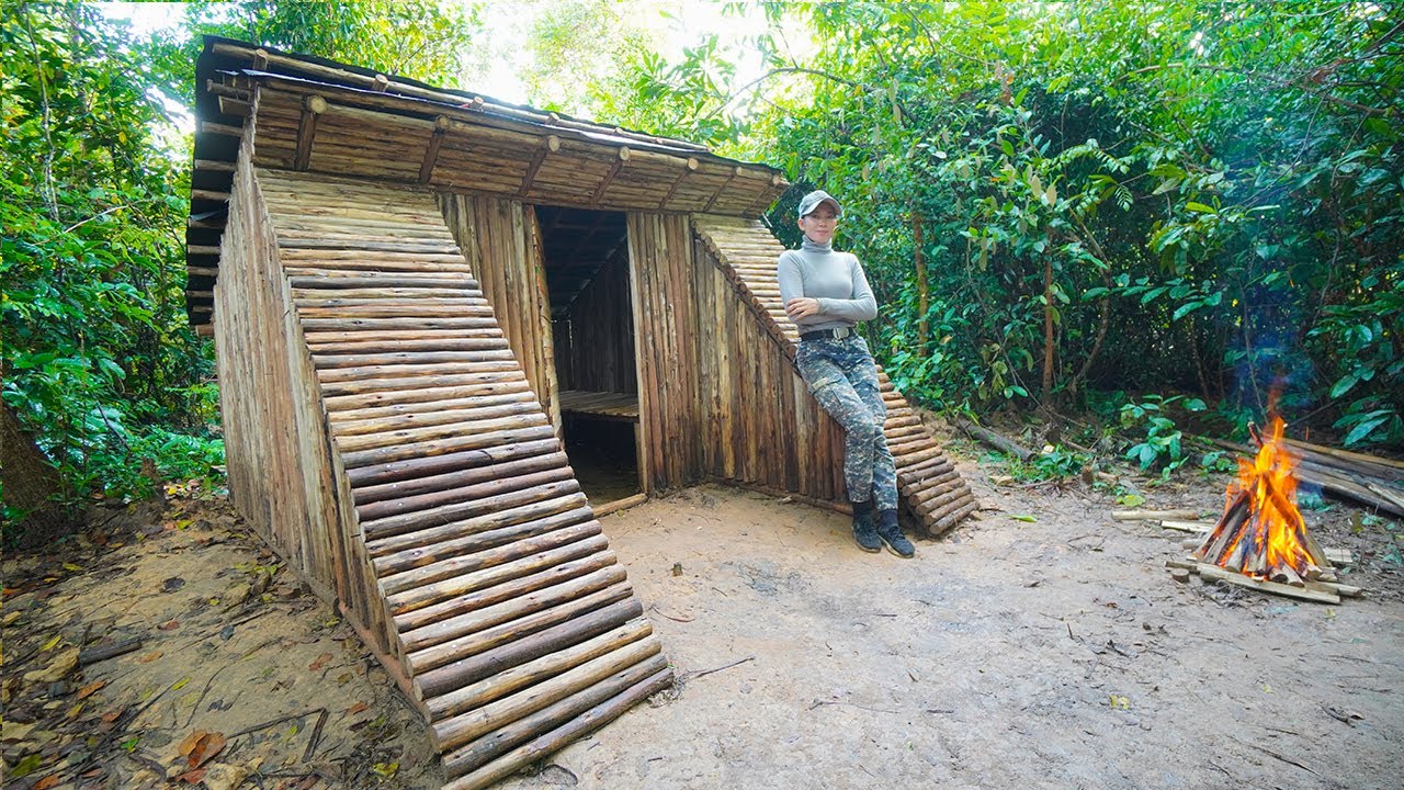 Building Bushcraft Survival DUGOUT Shelter With Plastic Roof from START to FINISH, Buscraft Skills