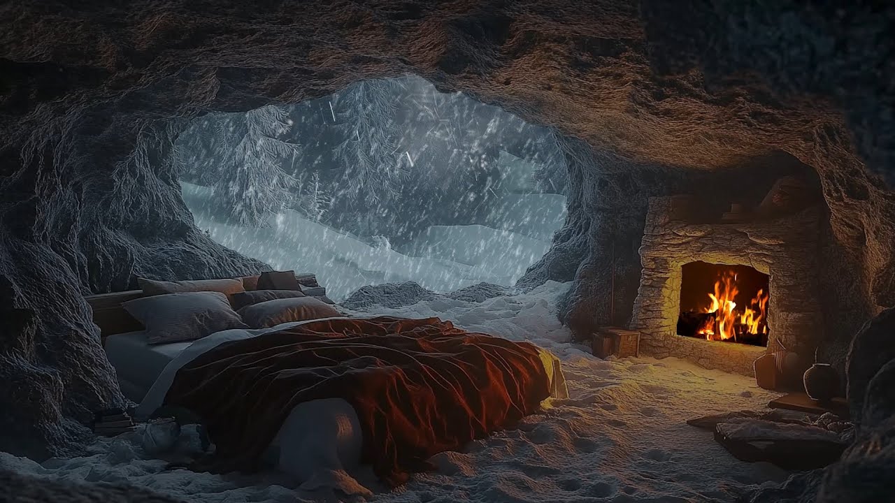 Quiet Winter Bliss ❄ Unwind by the Fireplace with Gentle Snowfall Over Scenic Peaks
