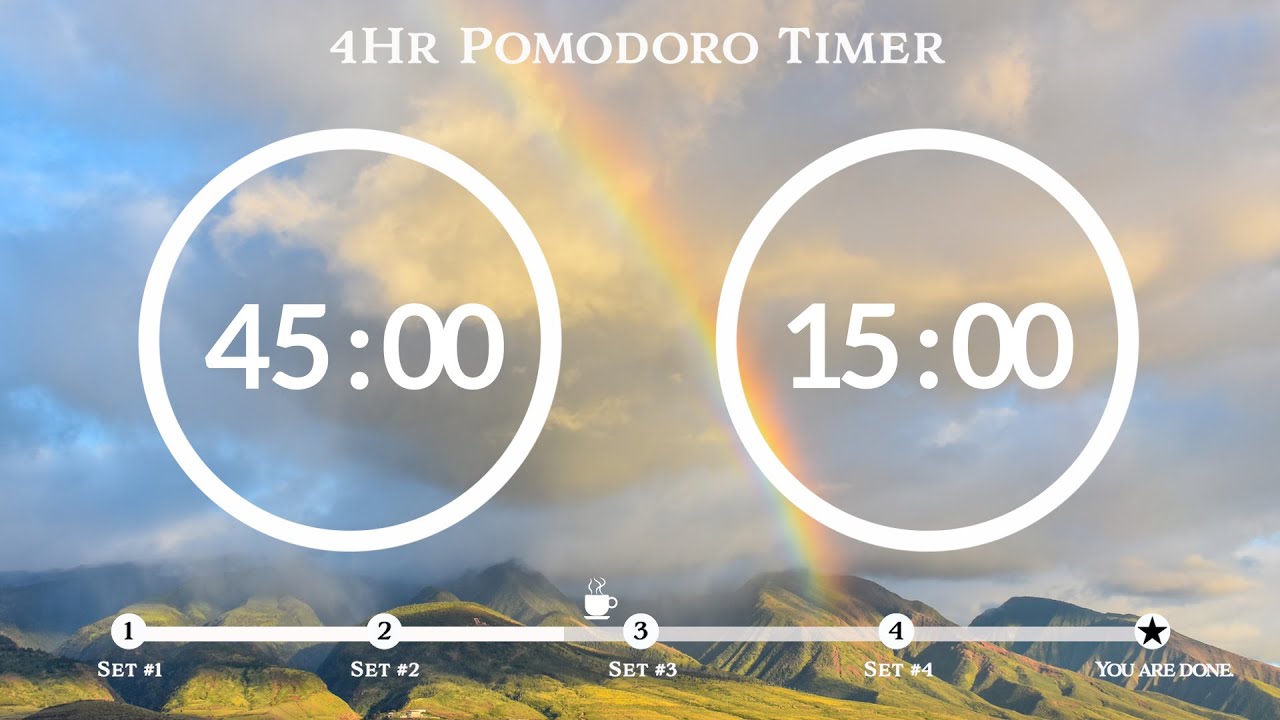 45 Minute Pomodoro Timer🌈Rainbow Forest Sound 숲 ASMR 📚4-Hour Study ⏱Pomodoro 45/15, 45 min x 4 sets