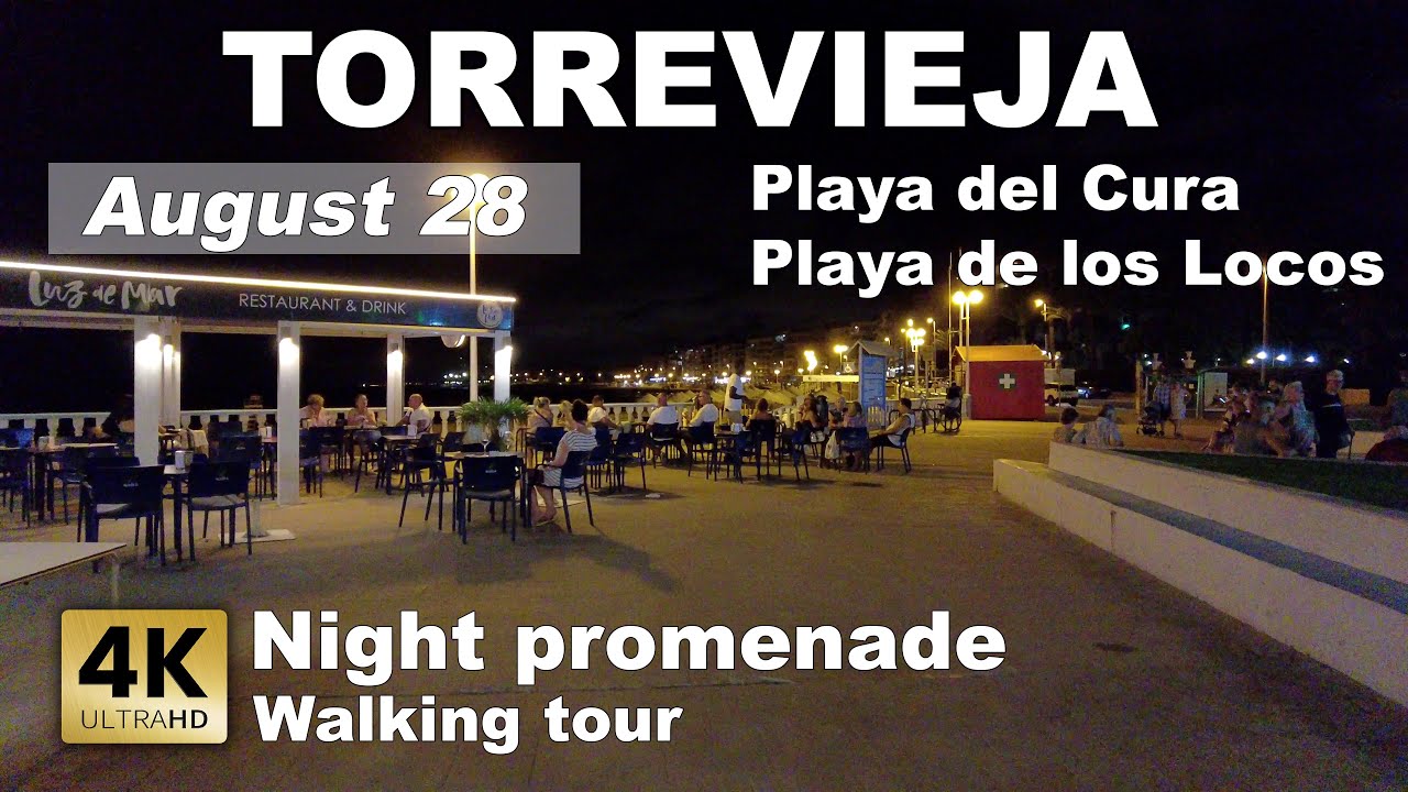 Torrevieja Promenade at Night, Walking tour - August 28 - Spain | Costa Blanca [4k 60 fps]