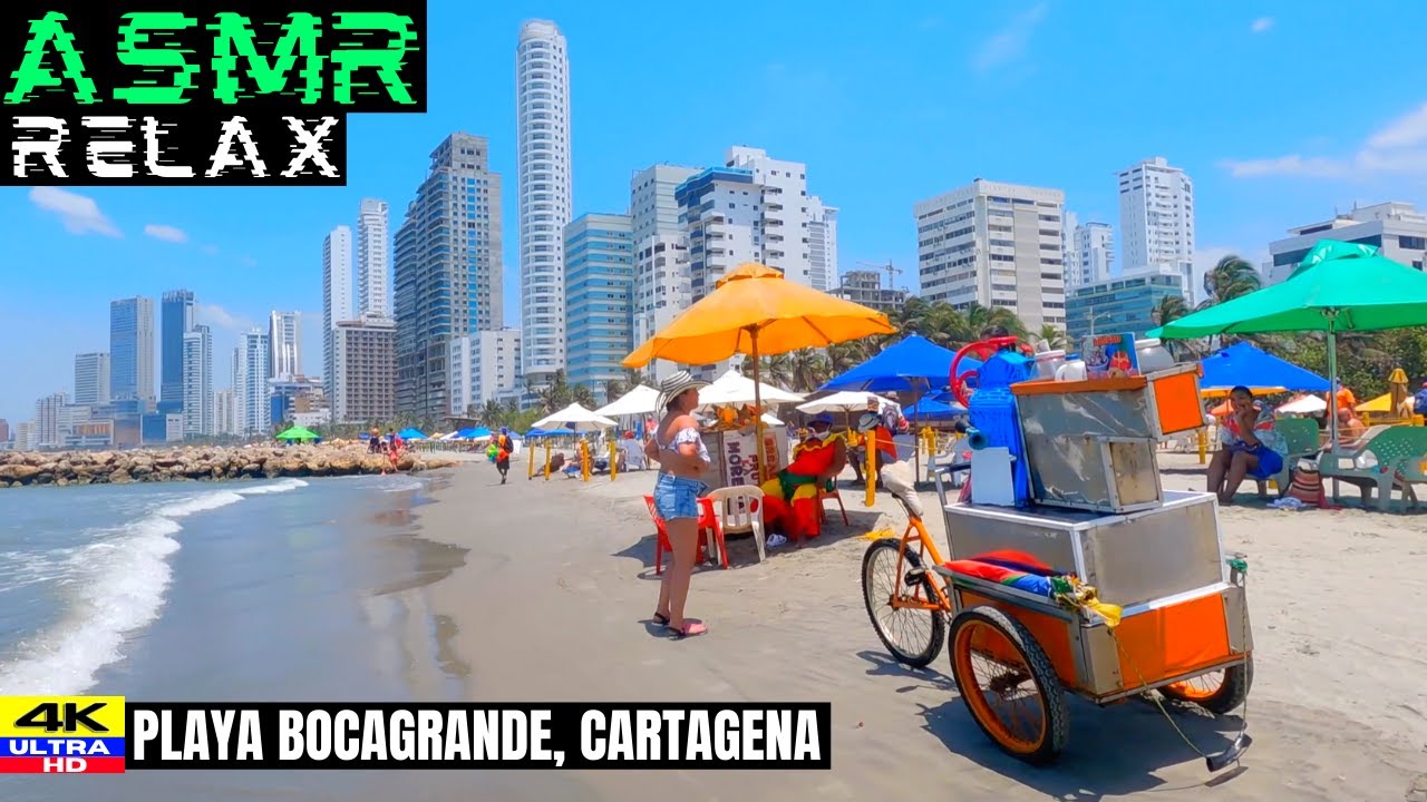 PLAYA BOCAGRANDE CARTAGENA Colombia Beach Walk with Ocean Sound 🇨🇴【4K】♦ ASMR RELAX ♦