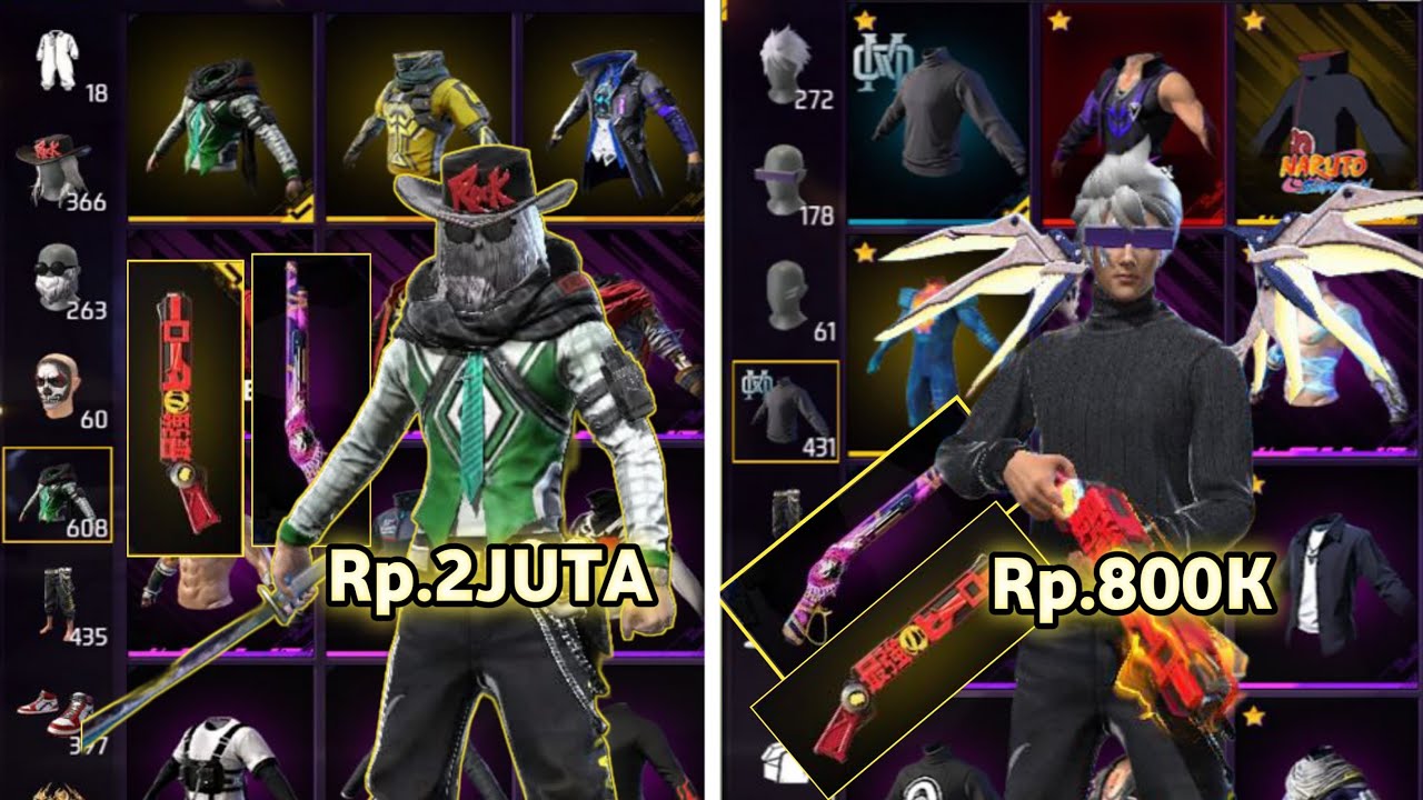 REVIEW AKUN FF HARGA Rp 800K Vs Rp 2JUTA  BANYAK SKIN LANGKA‼️
