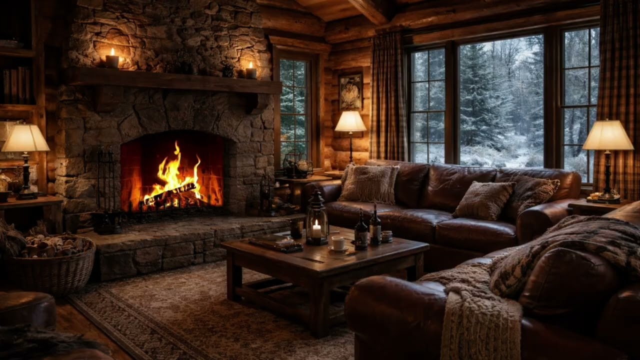 Cozy Winter Cabin Fireplace – Crackling Fire & Snowy Forest Ambience 🔥❄️🏔️