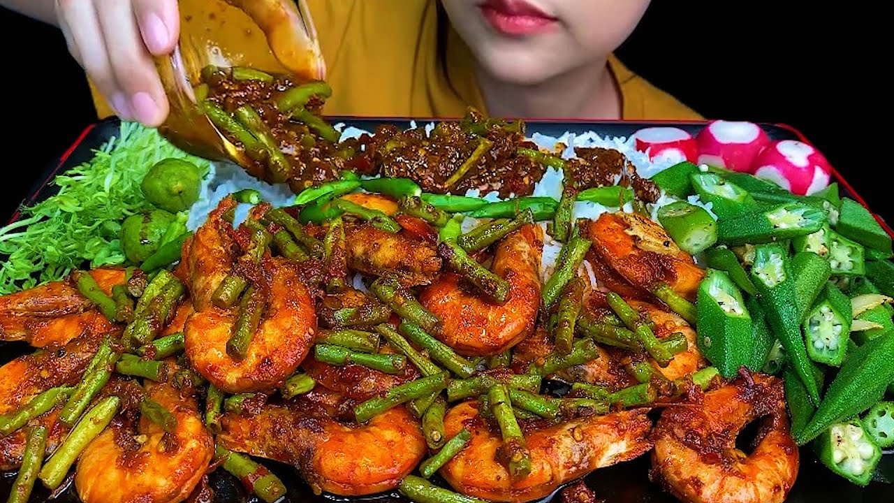 MUKBANG\\SPICY SHRIMP WITH GREEN BEAN, STIR FRIED LADY FINGER