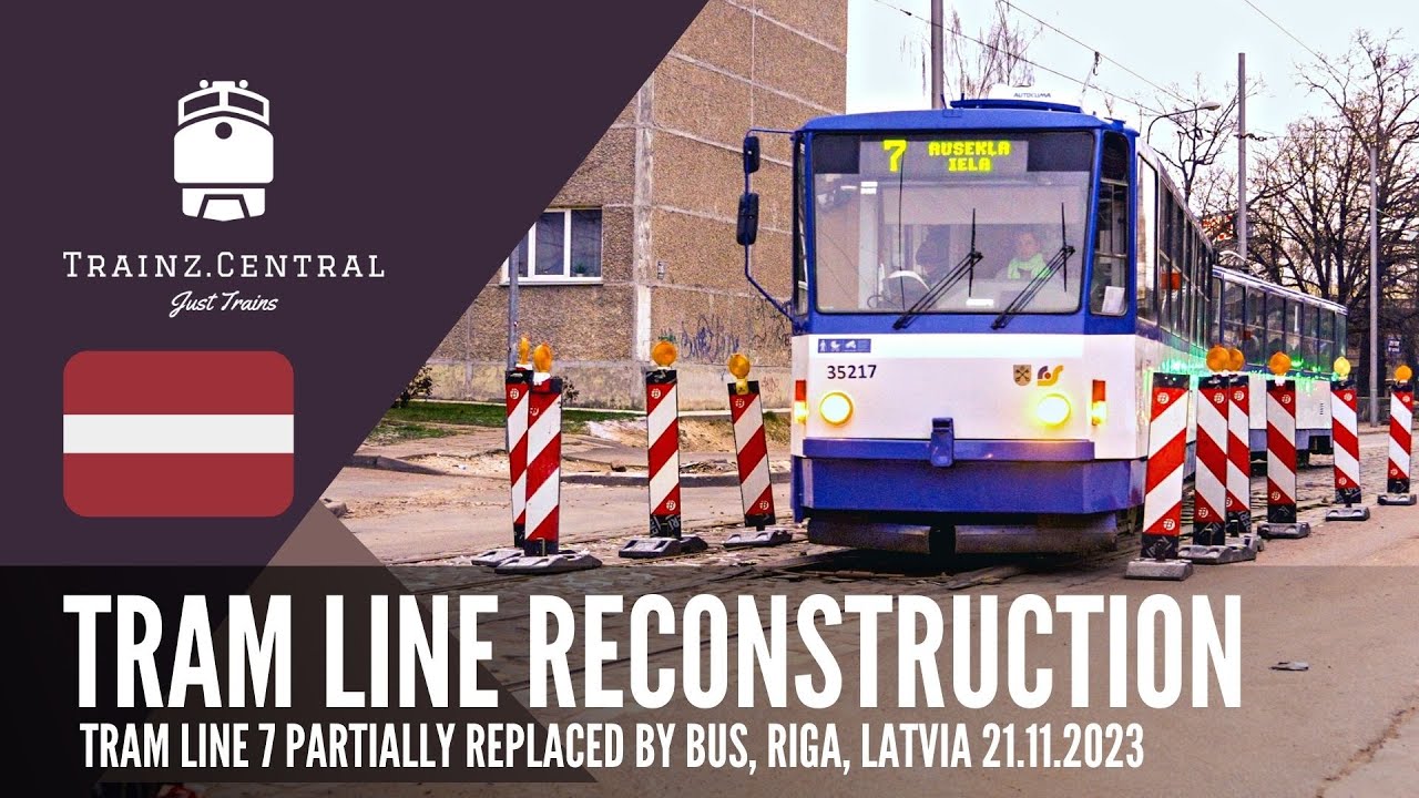 Tram line reconstruction. Service partially replaced with bus. Line number 7, Riga, Latvia.