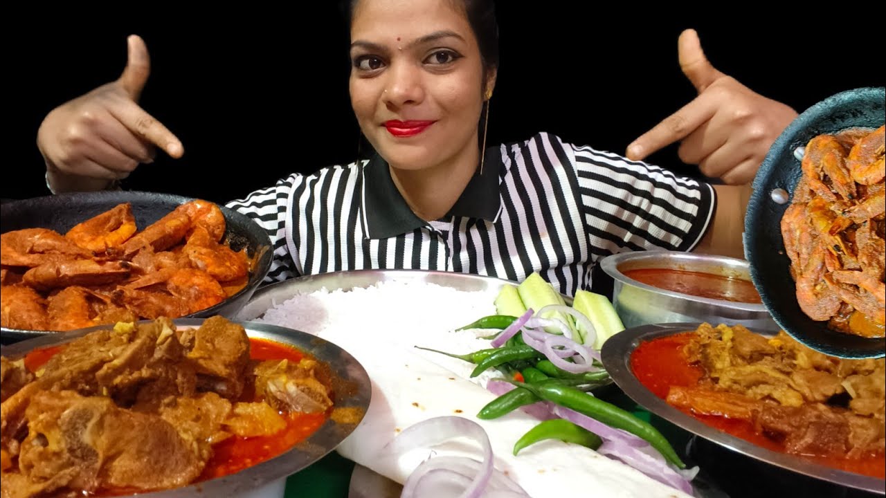 😋Eating Show, Prwans Masala,🔥 Spicy Mutton Chop Curry, Chawal Our Chawal ki Roti