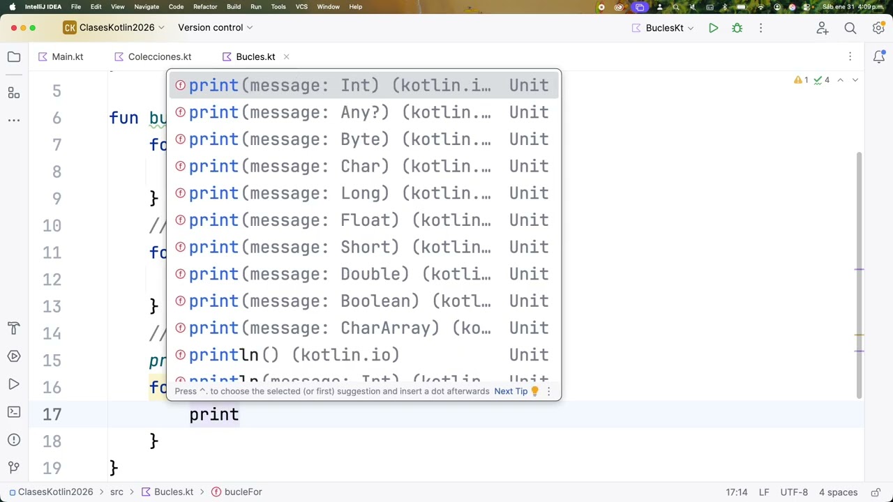 Uso de la sentencia for y while en kotlin y tratamiento de valores nulos.
