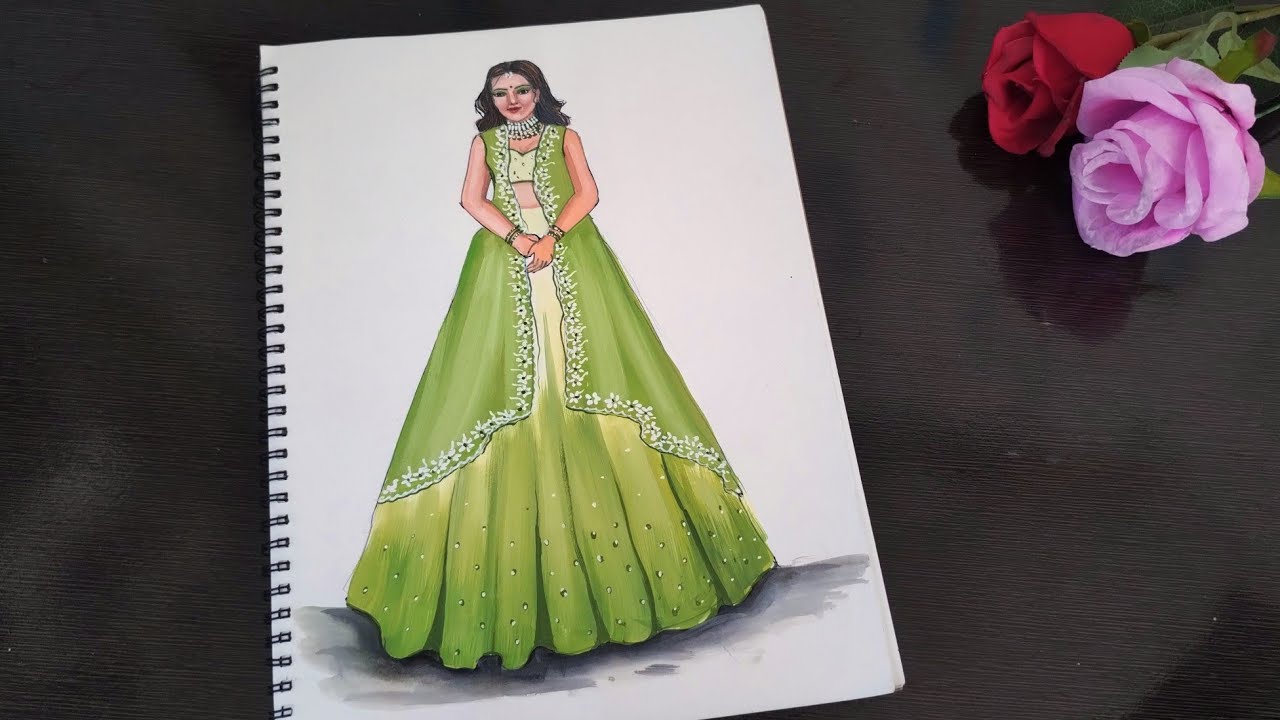 A girl with a beautiful traditional lehenga drawing ..
