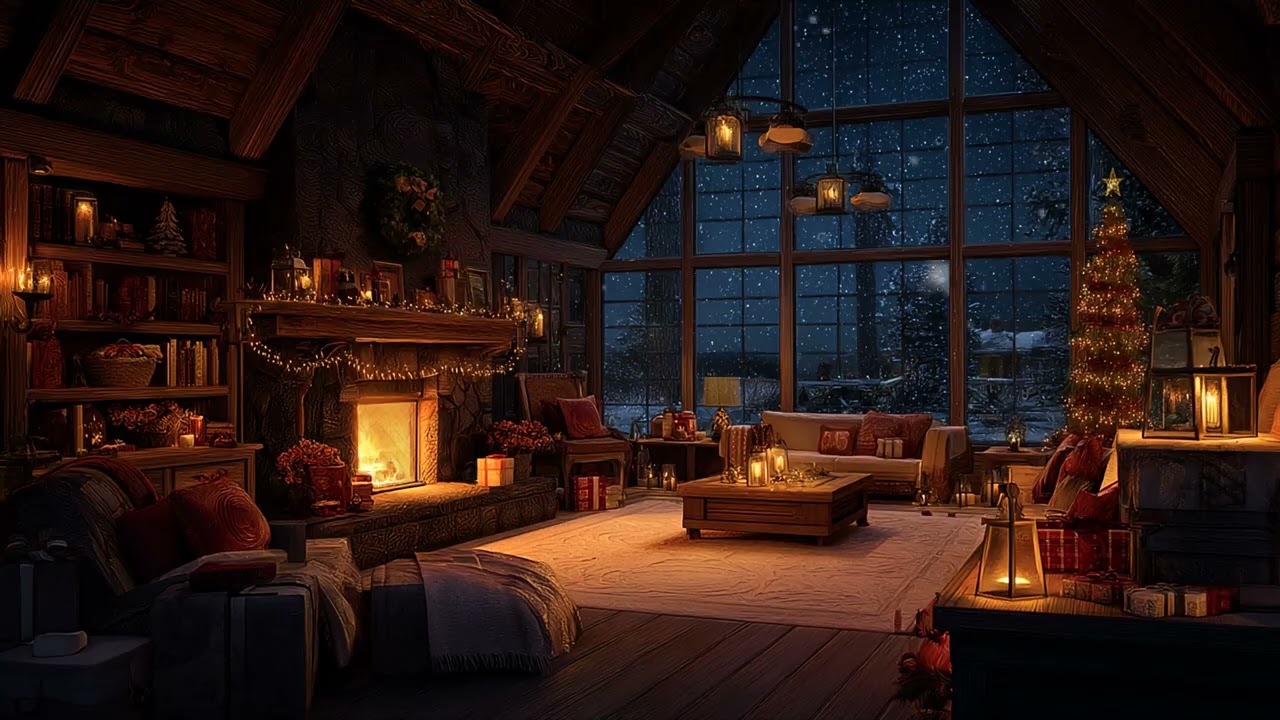 Soothing Winter Fireplace Ambience | Christmas Piano & Falling Snow for Quiet Holiday Evenings