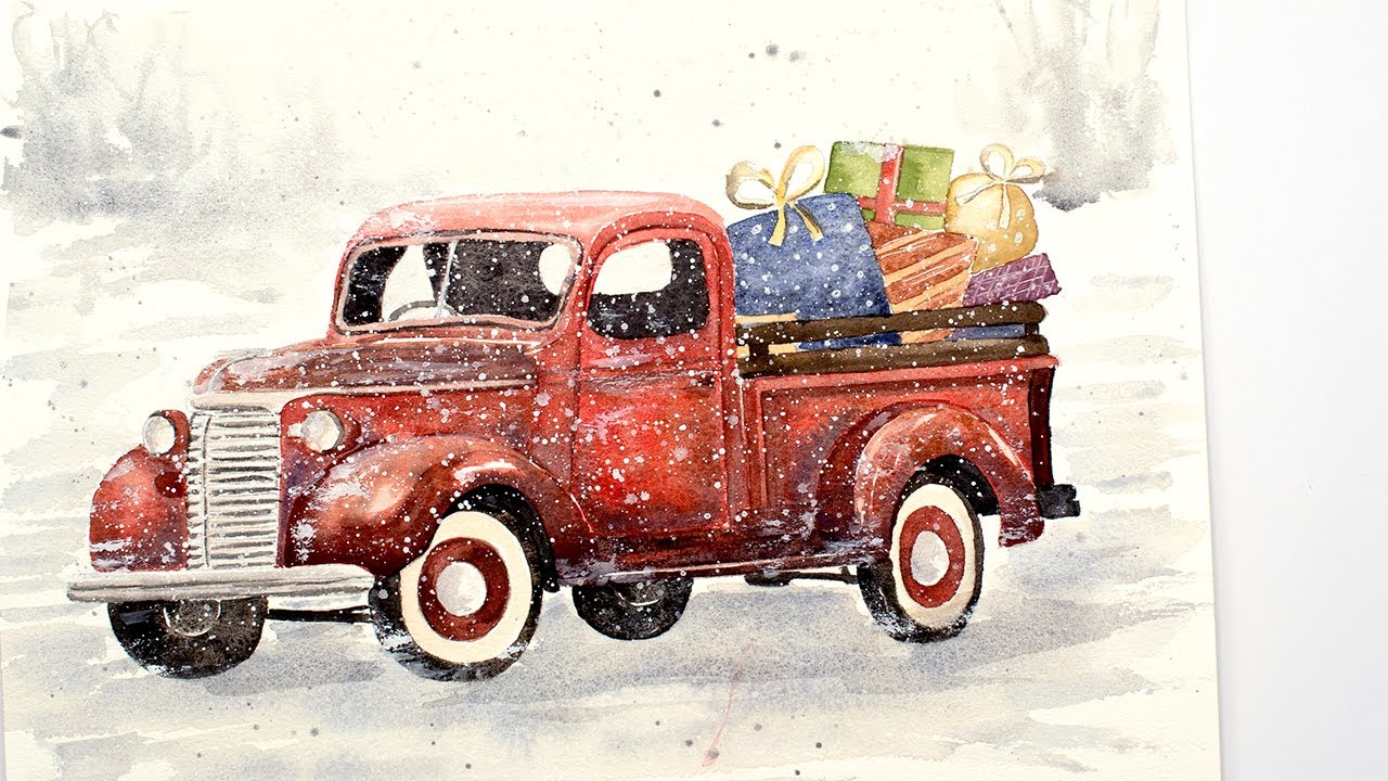 Watercolor pickup truck with presents - step by step + FREE sketch