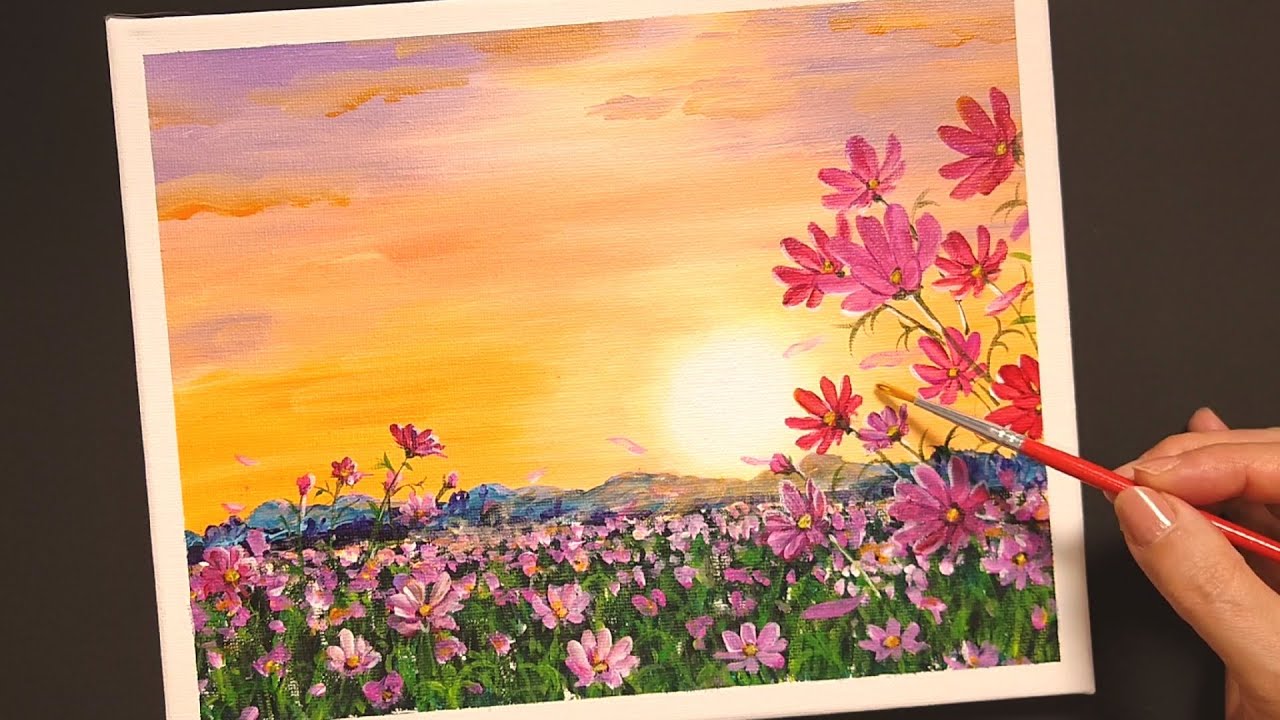 アクリル絵の具で【コスモスの花畑と夕日】を描く方法/初心者のための簡単なアクリル画/Step by step