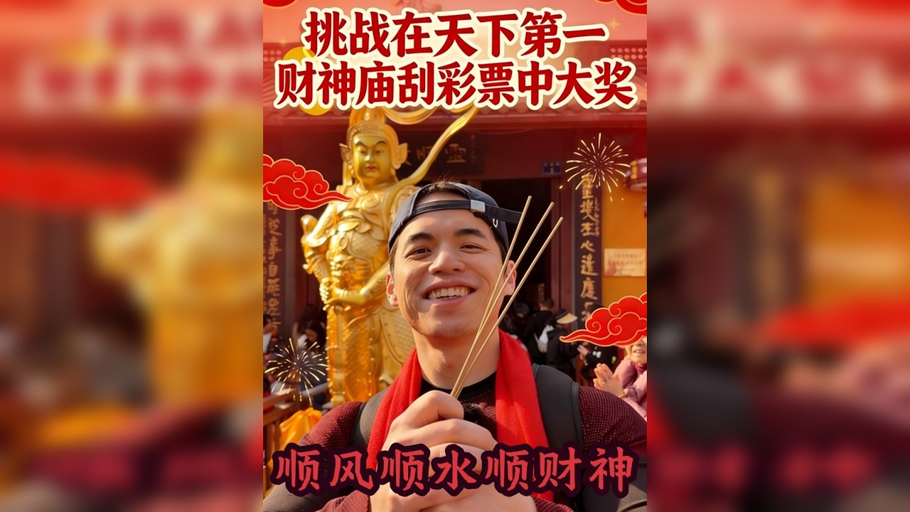挑战天下第一财神庙刮彩票中大奖，给大家送新年祝福