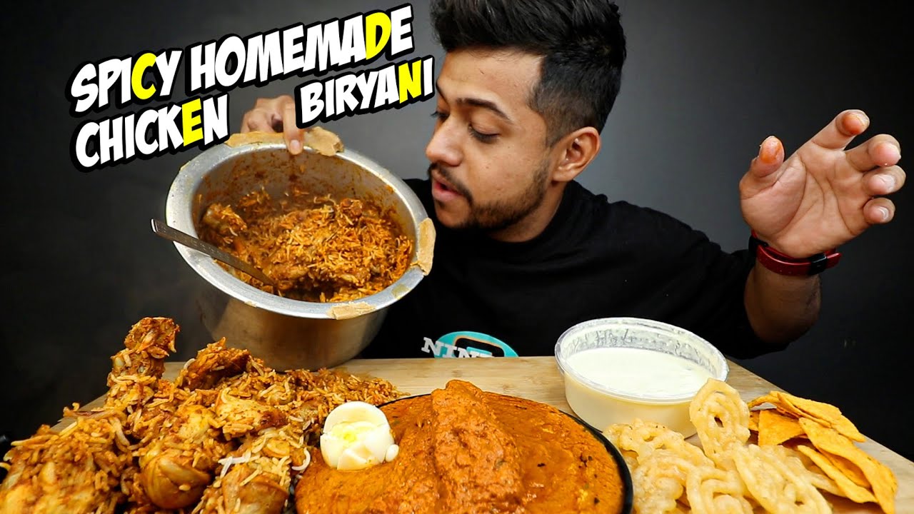 SPICY HOMEMADE CHICKEN BIRYANI WITH BUTTER CHICKEN, DESI GHEE JALEBI WITH RABDI | MUKBANG |
