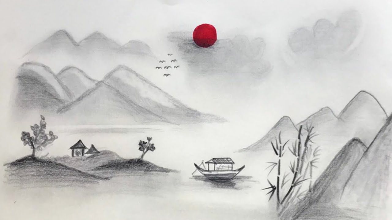 Landscape scenery drawing | Chinese art | Pencil sketch