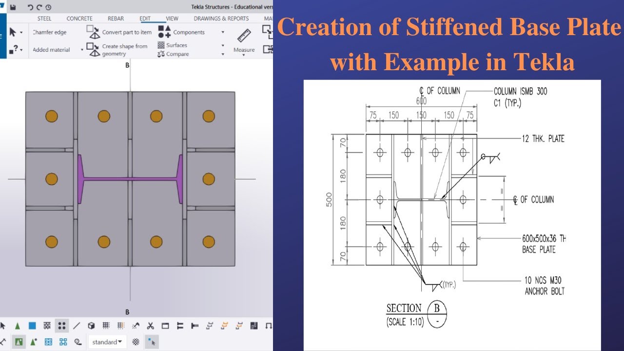 How to Create Stiffened Base Plate | In Tekla | With Example | Tamil | Base Plate Exercise-1