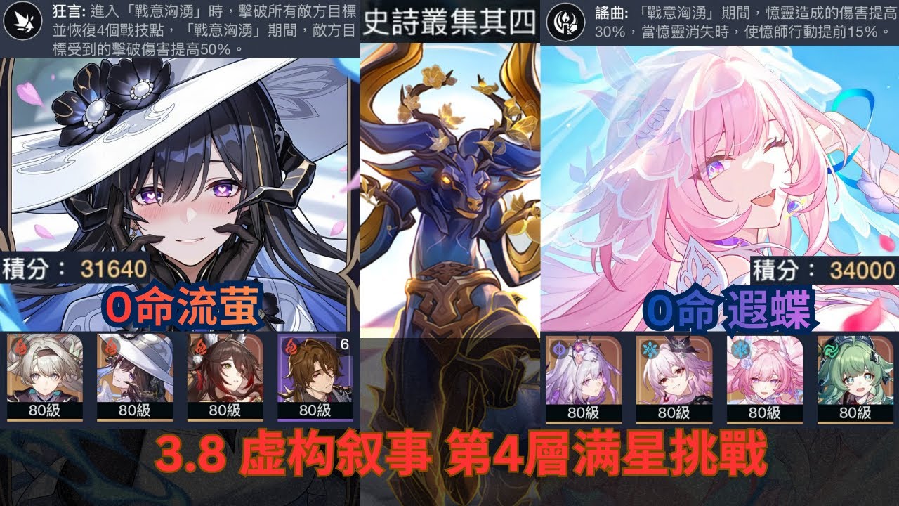 【崩壞：星穹鐵道】3.8【虚构叙事】史诗丛集 其四 第4层满星通关 0命流萤 0命遐蝶  无课平民简单拿60000分分析！Pure Fiction 4 3 Stars!