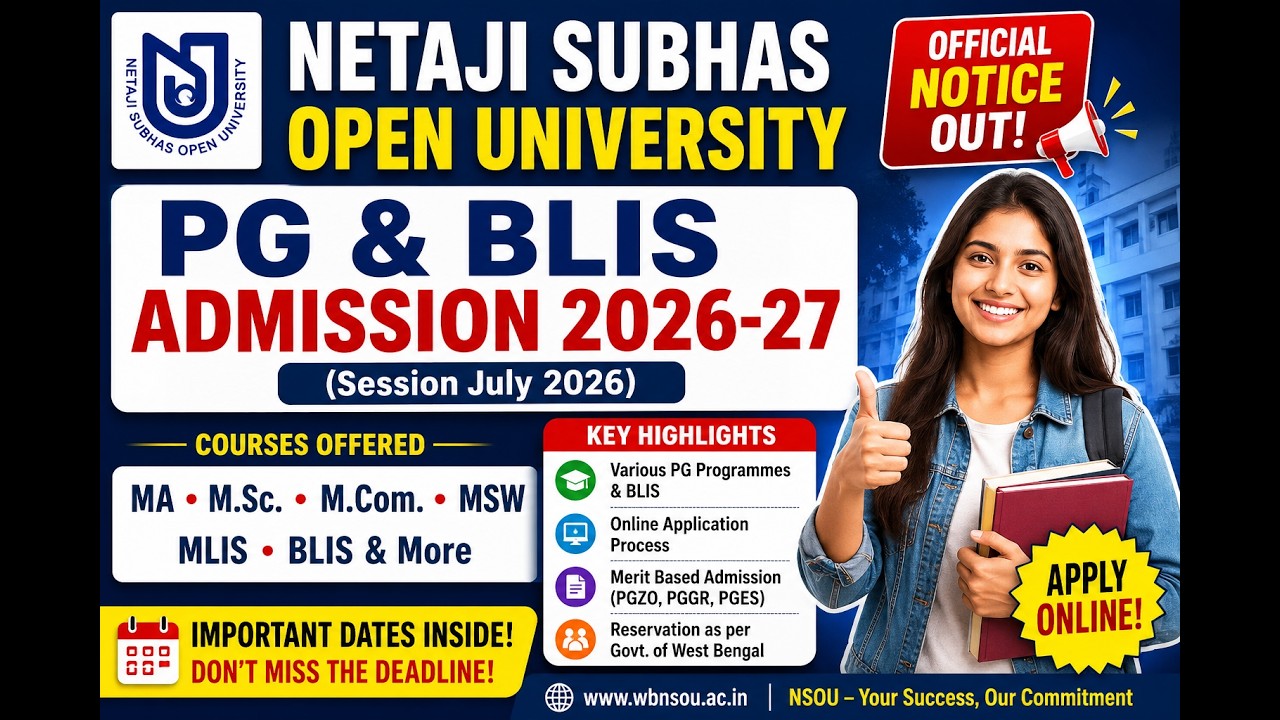 NSOU PG Admission 2026 | MA, M.Sc, M.Com, MSW, BLIS Admission Notice Out | Apply Online