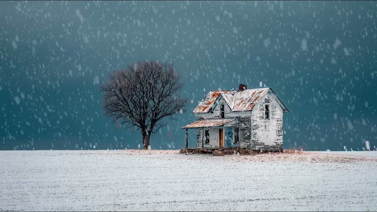 Gentle snowfall covering a lonely cabin in the mountains | Calm winter ambience for deep sleep