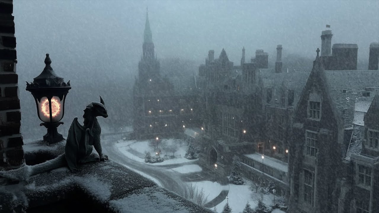 “The Watcher Above the Snow” — A Quiet Winter University for Study & Focus | Dark Academia