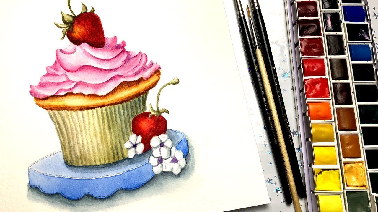 Watercolor Cup Cake Painting Demonstration
