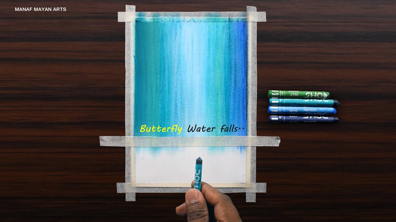 Butterfly Water falls Drawing with Wax Crayons For Beginners - Step by Step #186