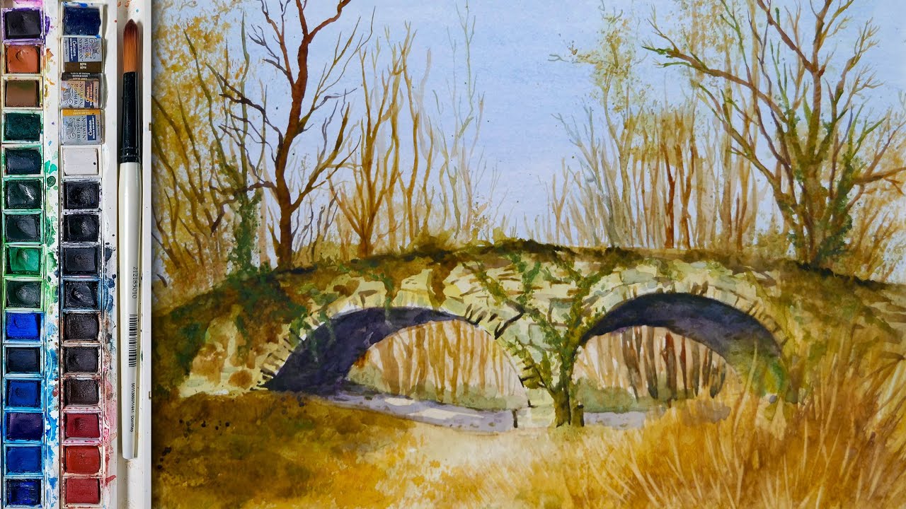 Watercolor Painting a Historic 300-Year-Old Stone Bridge in Watercolor | Slovakia