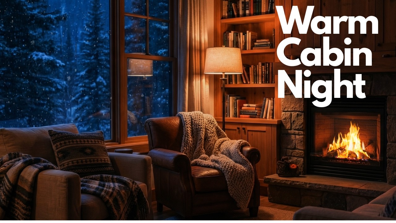 Warm Cabin Fireplace ❄️ Snowfall Outside Window | Relaxing Piano