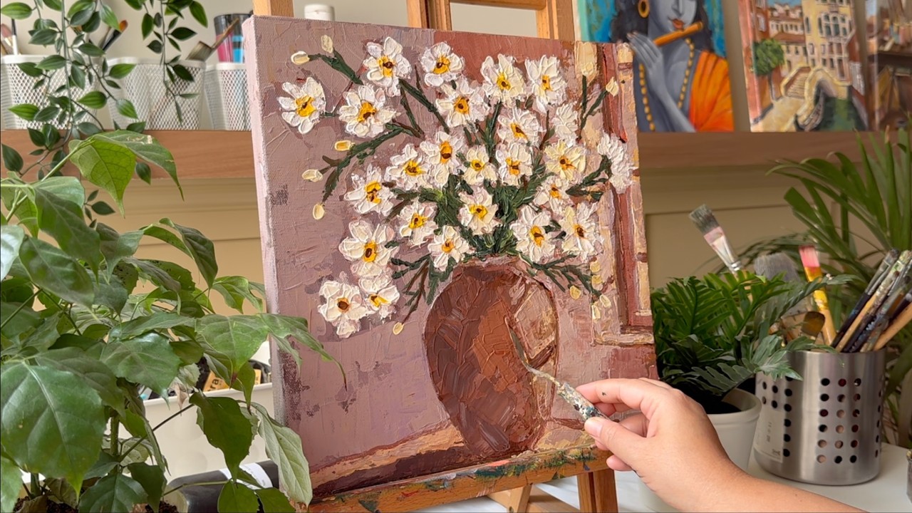 White Cosmos Flowers :: Acrylic painting timelapse