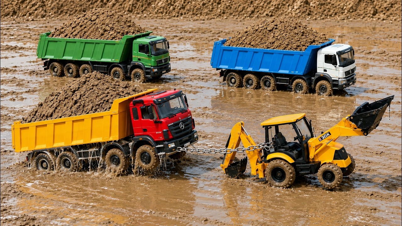 JCB 5CX Rescues a Volvo Dump Truck Loaded with Mud | Mahindra Tractor Accident | Kids Toys