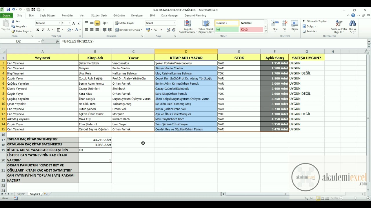 EXCEL FORMÜLLERİ - SIK KULLANILAN EXCEL FORMÜLLERİ 2 - EXCEL DERSLERİ