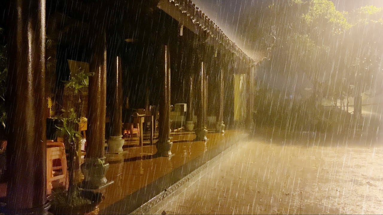 It Was Raining Heavily with Thunder Storm Over an Old House in Traditional Village Late at Night