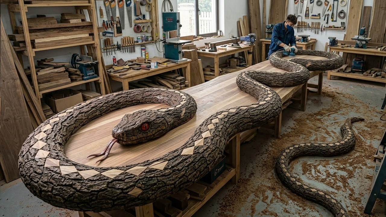 A Masterpiece Of Craftsmanship. Bark and Scrap Wood = A Unique Tea Table Shaped Like a Snake.