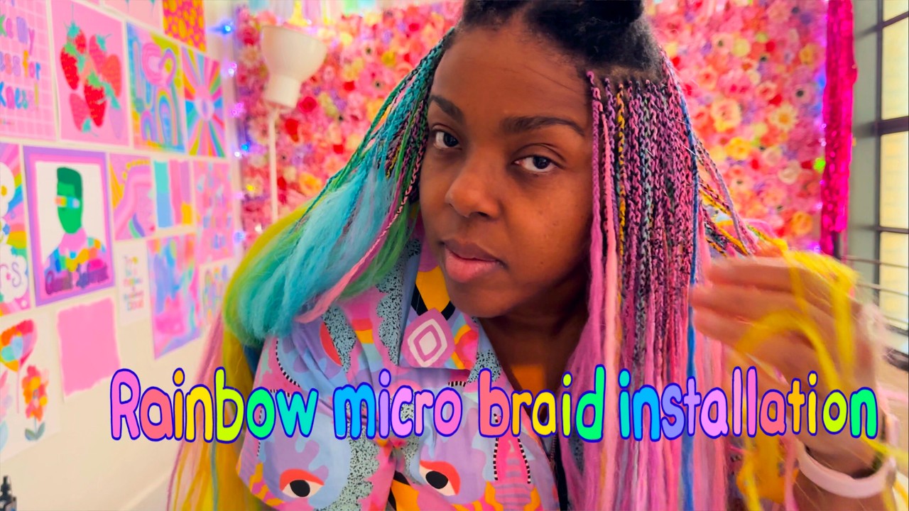 DIY unicorn rainbow micro braids installation